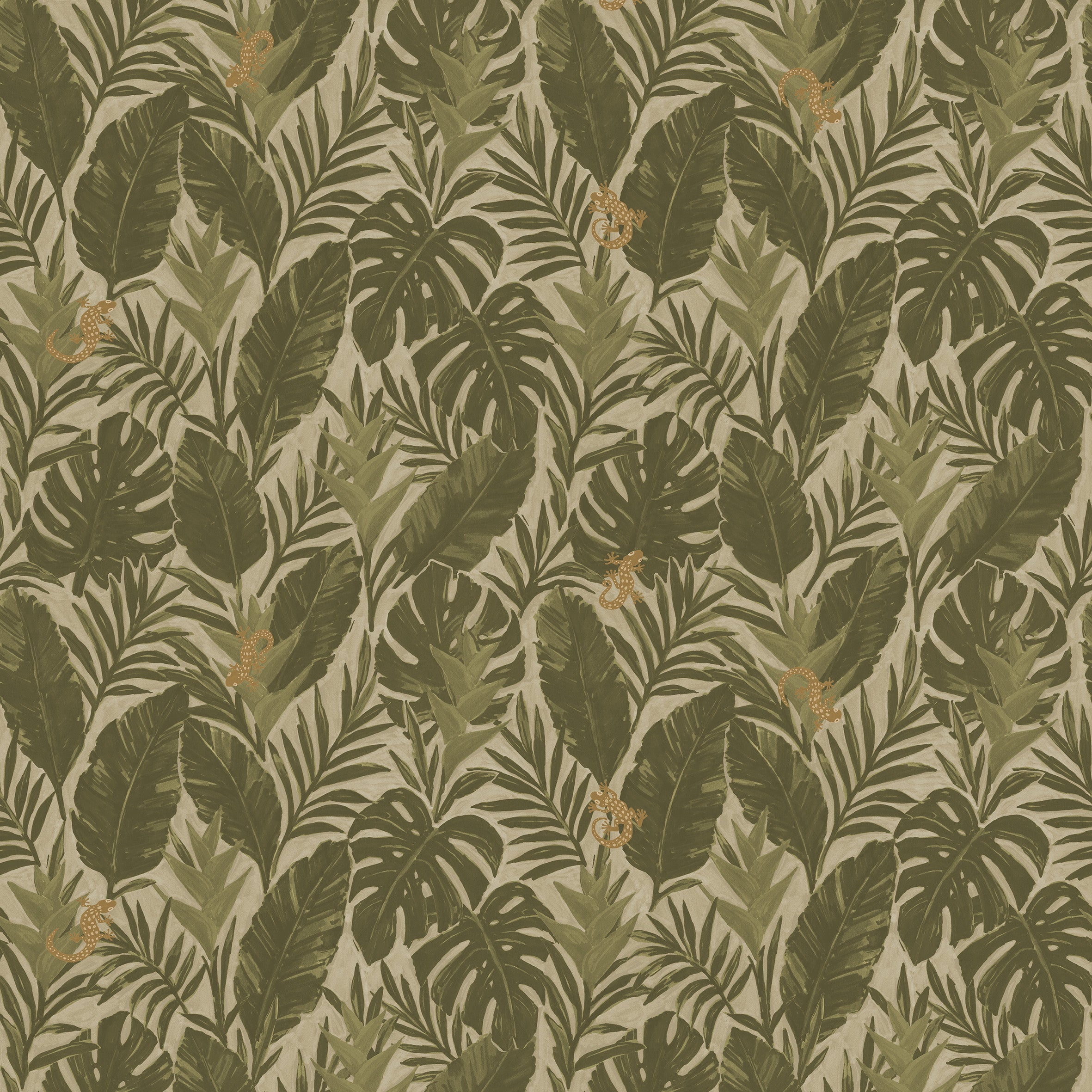 Detail of printed wallpaper in a tropical palm frond pattern in muted olive greens scattered with small tan lizards. 