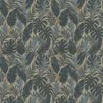 Detail of printed wallpaper in a tropical palm frond pattern in muted steel blue scattered with small tan lizards. 