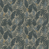 Detail of printed wallpaper in a tropical palm frond pattern in muted steel blue scattered with small tan lizards. 