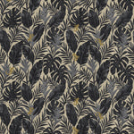 Detail of printed fabric in a tropical palm frond pattern in faded black and charcoal grey scattered with small tan lizards. 