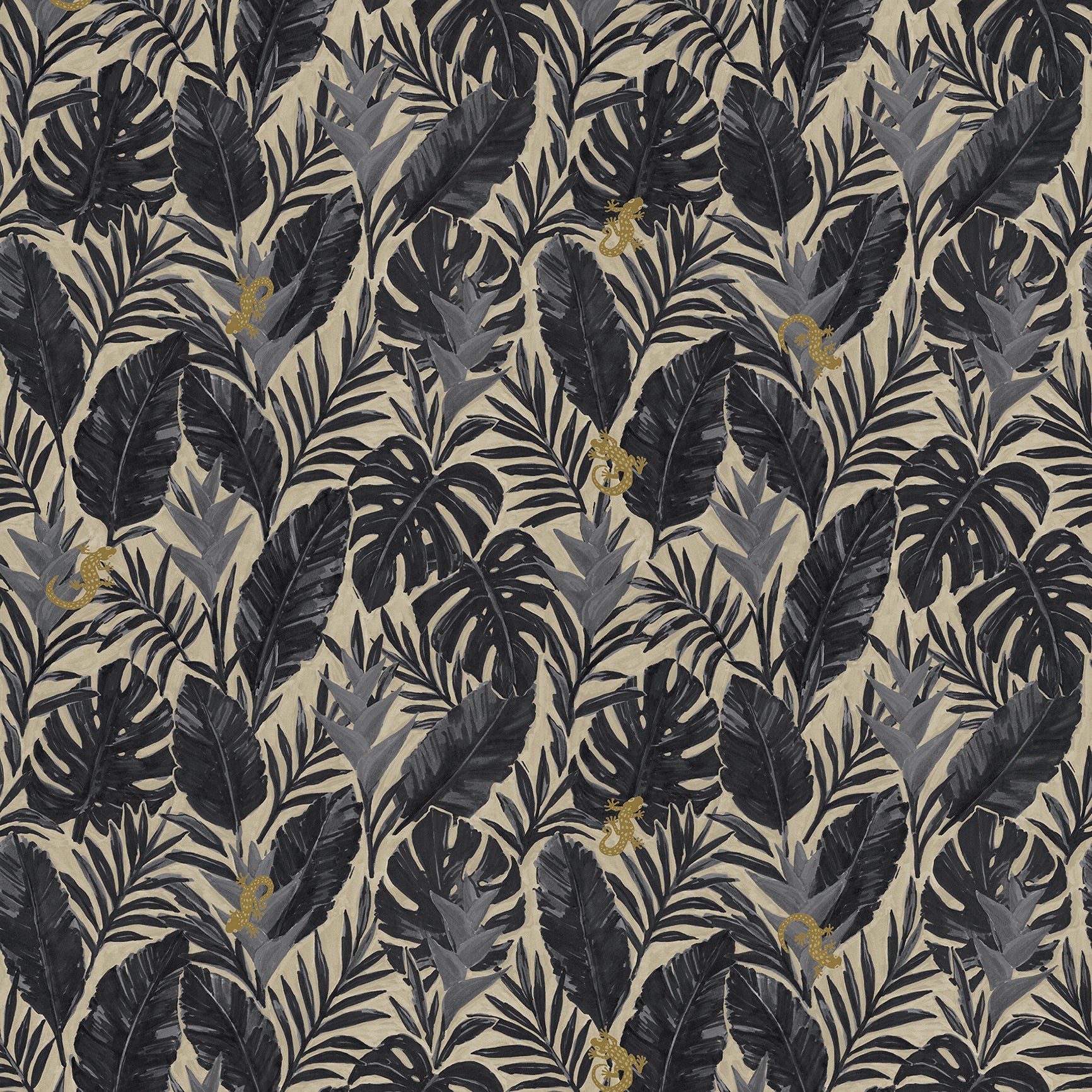 Detail of printed fabric in a tropical palm frond pattern in faded black and charcoal grey scattered with small tan lizards. 