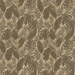 Detail of printed wallpaper in a tropical palm frond pattern in tonal brown
scattered with small tan lizards. 
