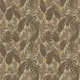 Detail of printed wallpaper in a tropical palm frond pattern in tonal brown
scattered with small tan lizards. 