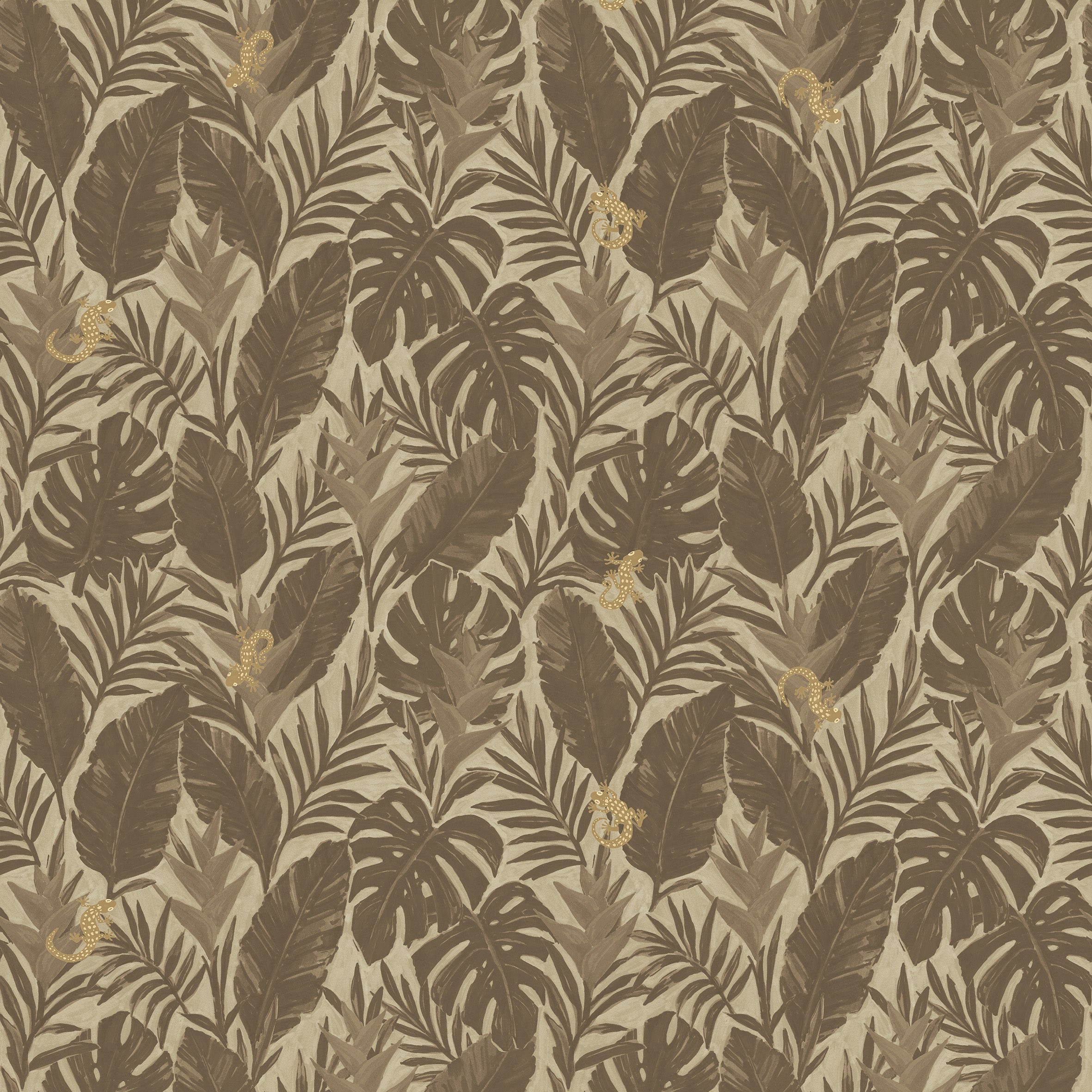 Detail of printed wallpaper in a tropical palm frond pattern in tonal brown
scattered with small tan lizards. 