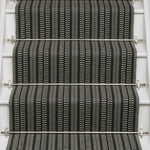 Striped flatweave runner in black and white on white staircase
