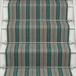 Striped flatweave runner in blue and grey on white staircase