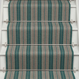 Striped flatweave runner in blue and grey on white staircase