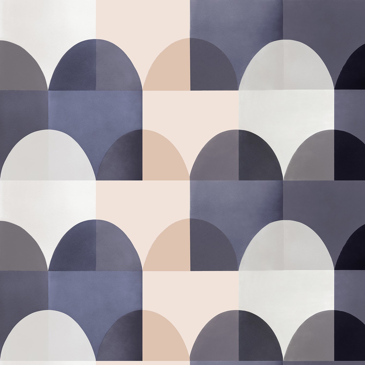 Detail of wallpaper in a curvy geometric print in shades of white, tan, purple and gray.