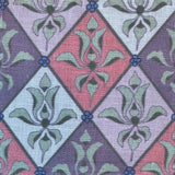 Patterned fabric with a diamond design featuring green leaves on a purple and pink background