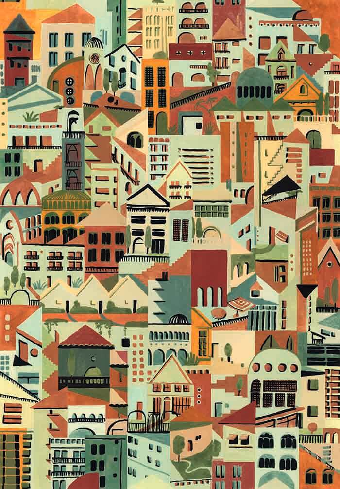 Detail of wallpaper in a painterly repeating building print in shades of blue, orange, red and green. 
