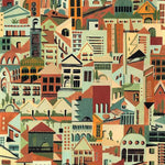 Detail of wallpaper in a painterly repeating building print in shades of blue, orange, red and green. 