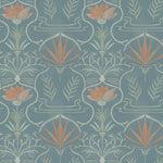 Detail of wallpaper in an intricate floral lattice print in shades of green and coral on a blue-gray field.