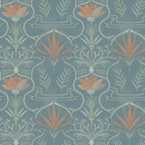 Detail of wallpaper in an intricate floral lattice print in shades of green and coral on a blue-gray field.
