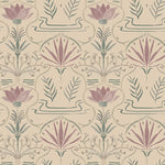 Detail of wallpaper in an intricate floral lattice print in shades of green and purple on a cream field.