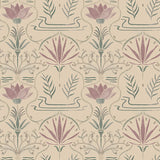 Detail of wallpaper in an intricate floral lattice print in shades of green and purple on a cream field.