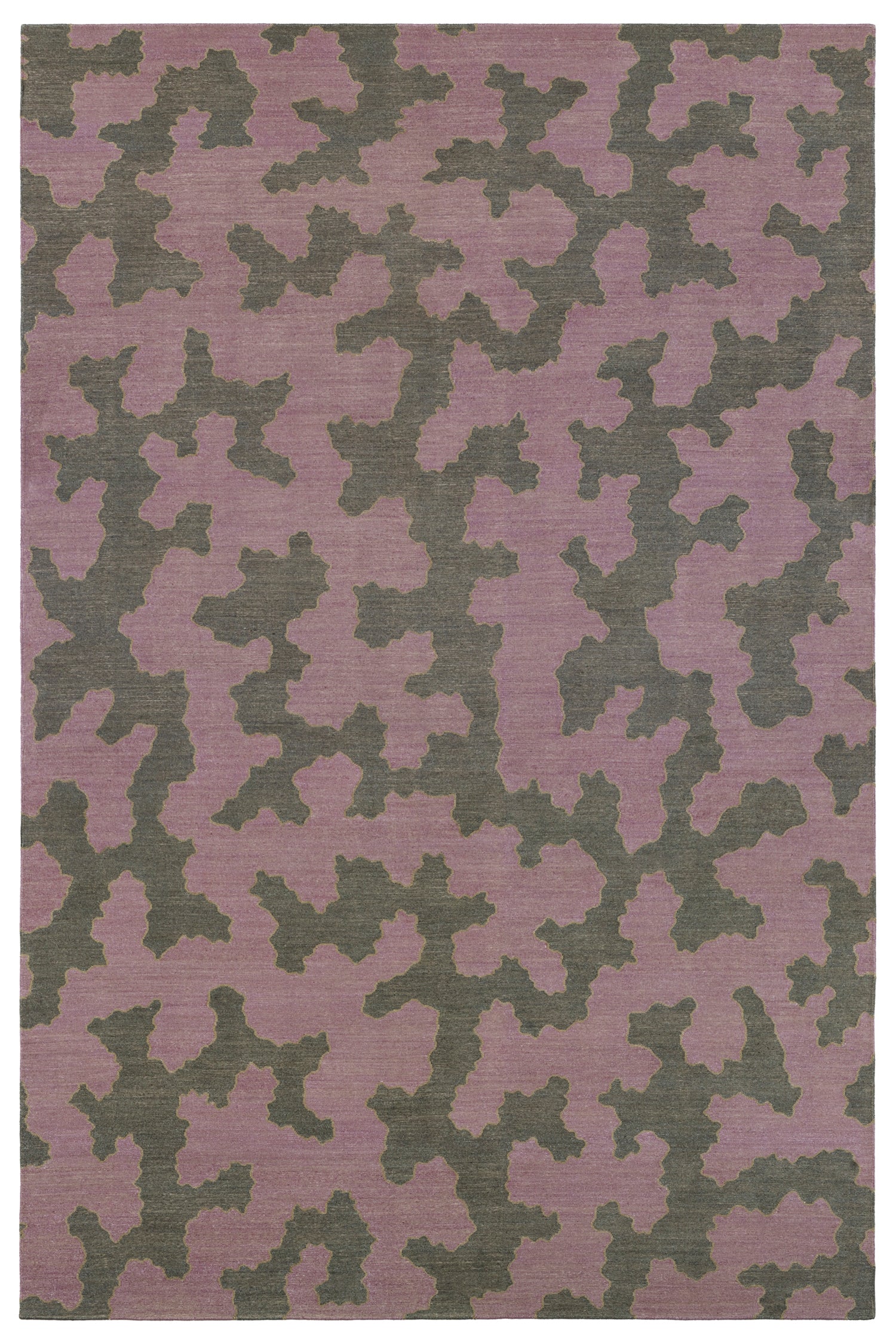 Handwoven rug in an abstract coral design grey and purple with a tan accent line. 