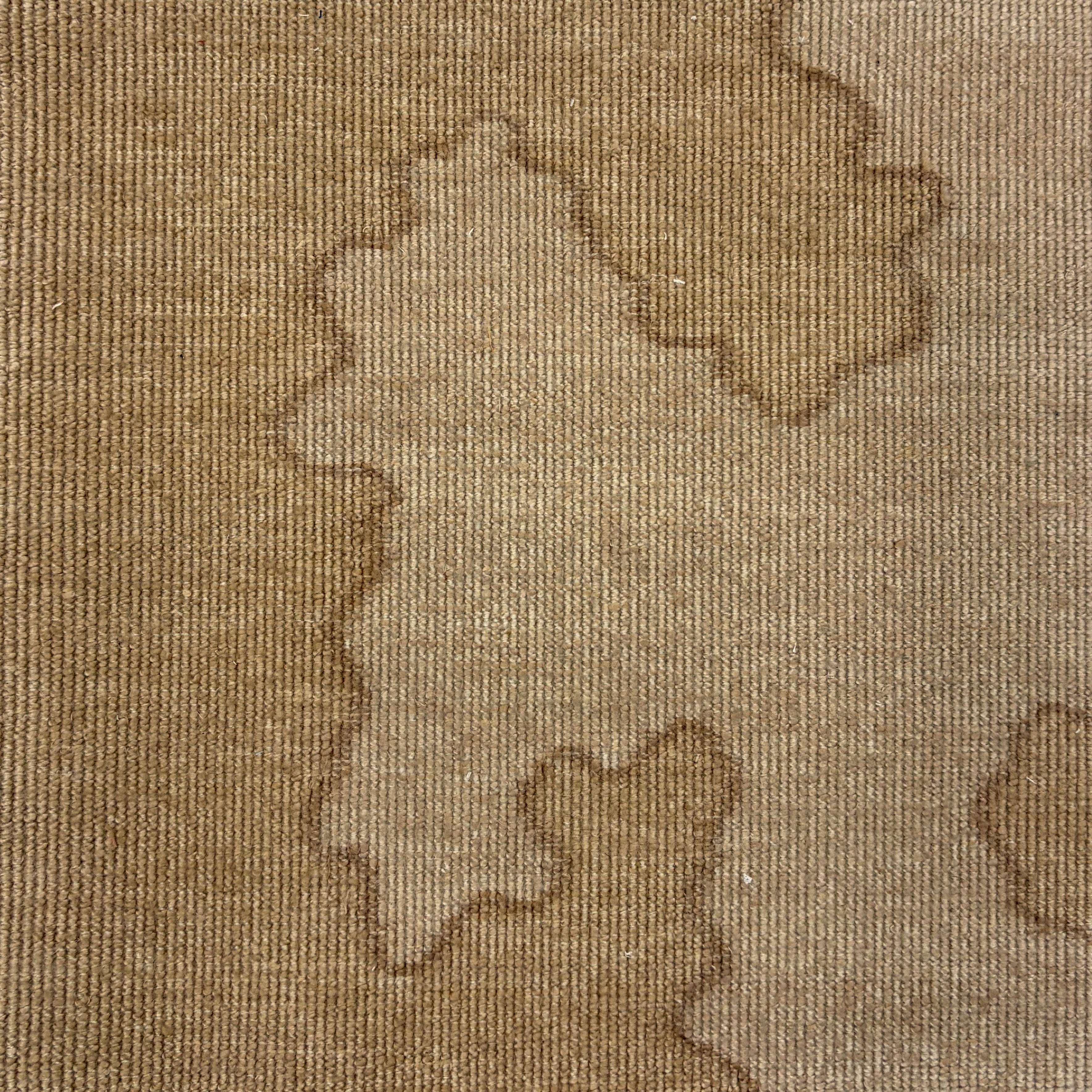 Flatweave rug close up featuring an organic coral shape in shades of tan