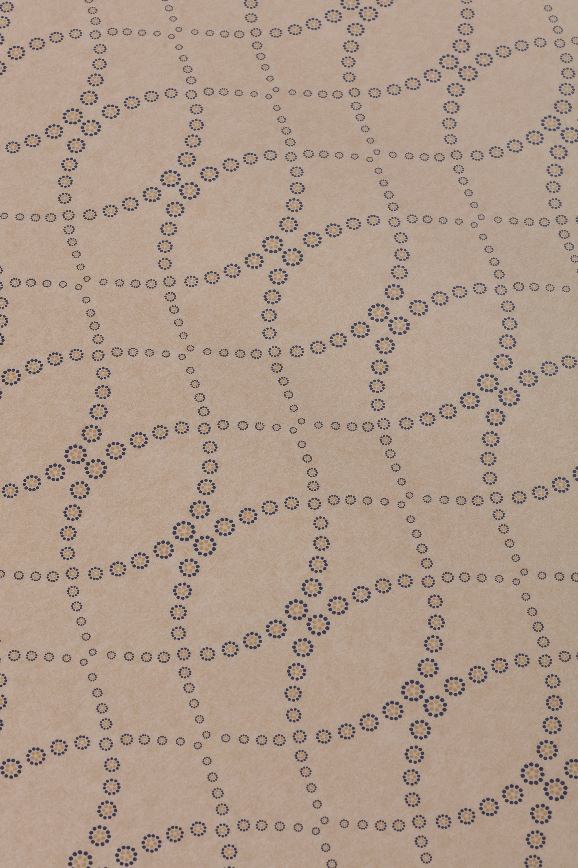 Detail of a wallpaper in a playful floral lattice print in tan and navy on a taupe field.