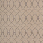 Wallpaper in a playful floral lattice print in tan and navy on a taupe field.