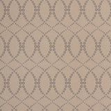 Wallpaper in a playful floral lattice print in tan and navy on a taupe field.