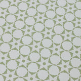 Wallpaper detail in a floral lattice print in  cream on a jade green field.