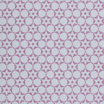 Wallpaper in a floral lattice print in purple on a cream field.