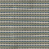Flatwoven rug in a wavy stripe pattern in green, blue, brown, cream and white. .
