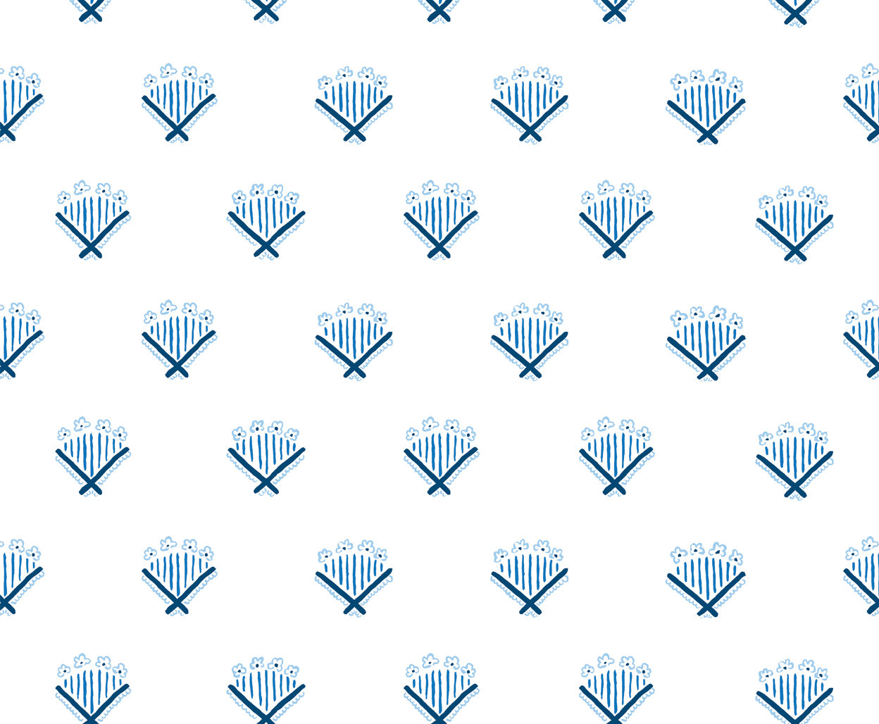 Detail of wallpaper in a playful bouquet print in blue and navy on a white field.