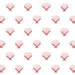 Detail of wallpaper in a playful bouquet print in orange and red on a white field.