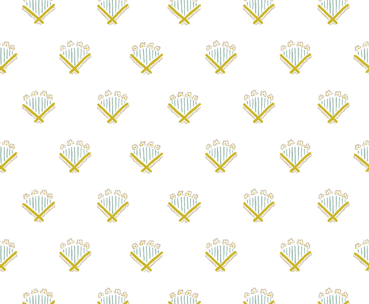 Detail of fabric in a playful bouquet print in blue and mustard on a white field.