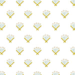 Detail of wallpaper in a playful bouquet print in blue and mustard on a white field.