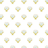 Detail of wallpaper in a playful bouquet print in blue and mustard on a white field.