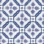 Detail of wallpaper in a painterly botanical grid in shades of navy and purple on a white field.