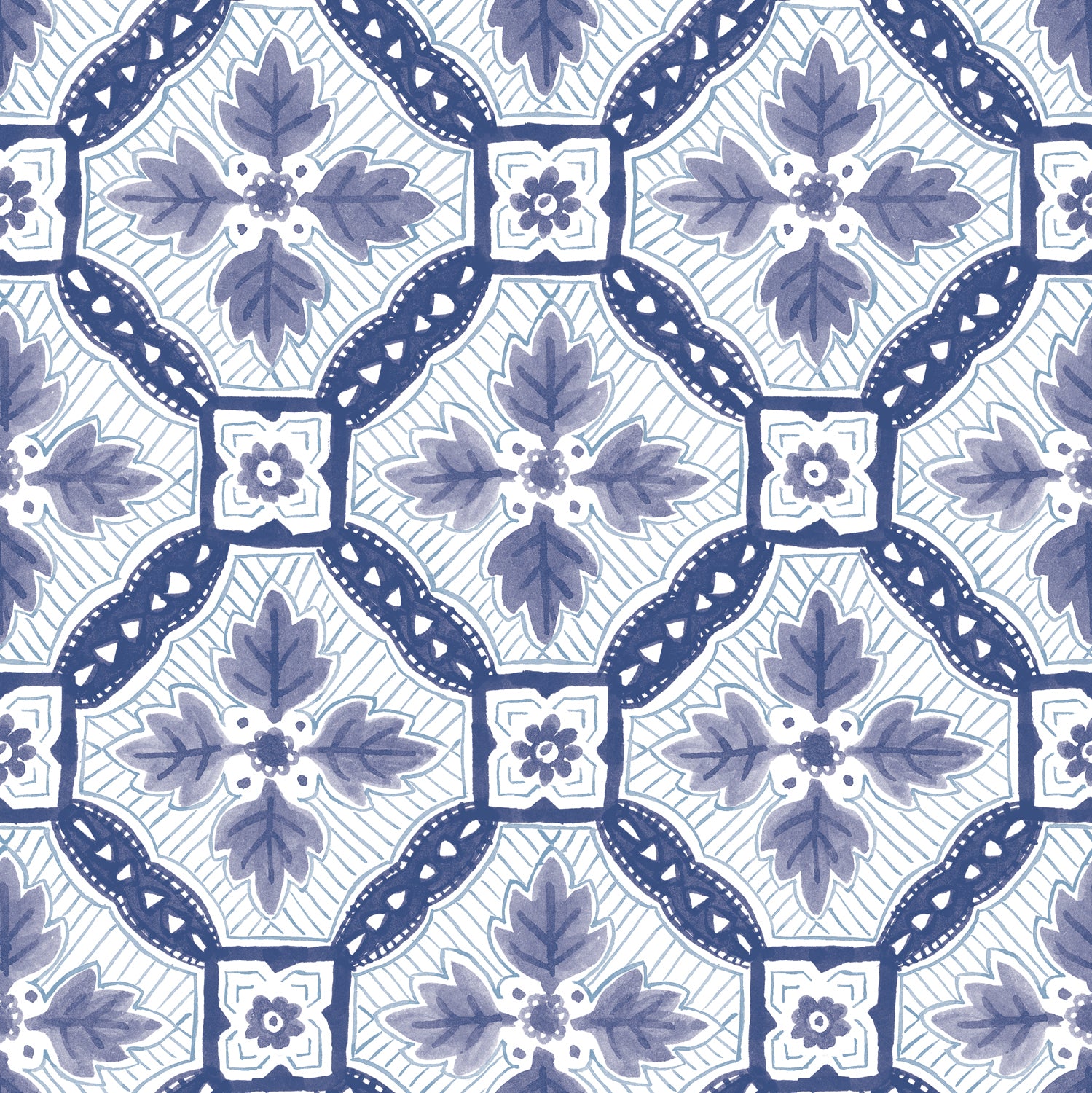 Detail of wallpaper in a painterly botanical grid in shades of navy and purple on a white field.