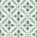 Detail of wallpaper in a painterly botanical grid in shades of green and tan on a white field.