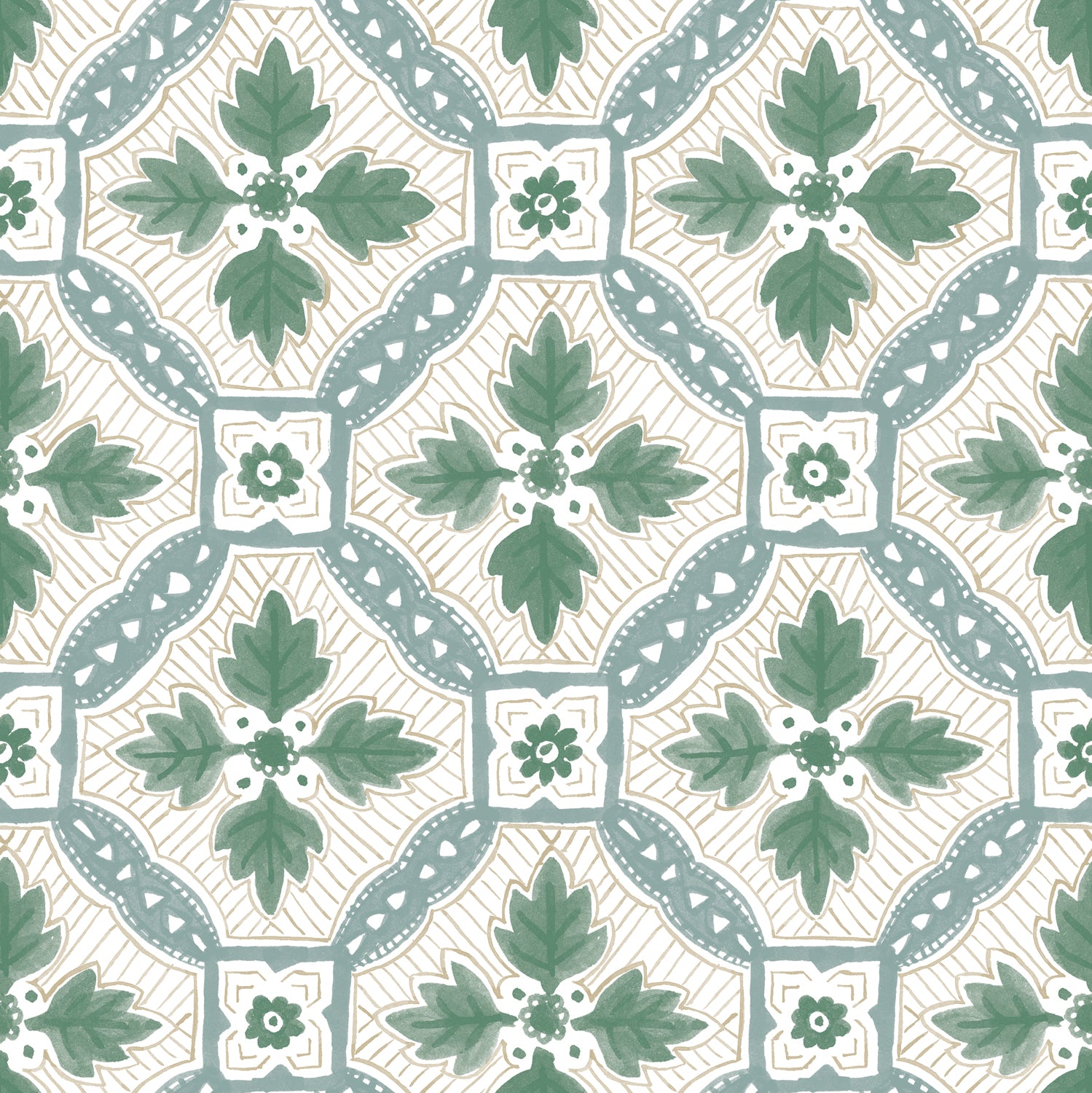 Detail of wallpaper in a painterly botanical grid in shades of green and tan on a white field.
