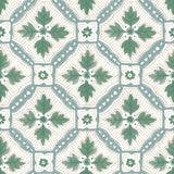 Detail of wallpaper in a painterly botanical grid in shades of green and tan on a white field.