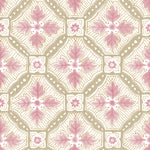Detail of wallpaper in a painterly botanical grid in shades of pink and tan on a white field.