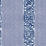 Detail of wallpaper in a painterly stripe print in navy on a white field.