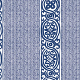 Detail of wallpaper in a painterly stripe print in navy on a white field.