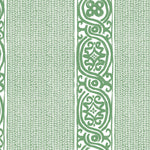 Detail of wallpaper in a painterly stripe print in green on a white field.