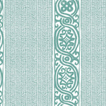 Detail of wallpaper in a painterly stripe print in teal on a white field.