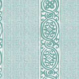 Detail of wallpaper in a painterly stripe print in teal on a white field.
