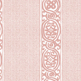 Detail of wallpaper in a painterly stripe print in light pink on a white field.