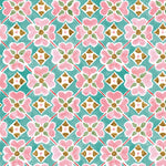 Detail of wallpaper in a floral lattice print in pink, brown, teal and white.