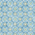 Detail of wallpaper in a floral lattice print in blue, green and white.