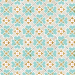 Detail of wallpaper in a floral lattice print in teal, tan, brown and white.
