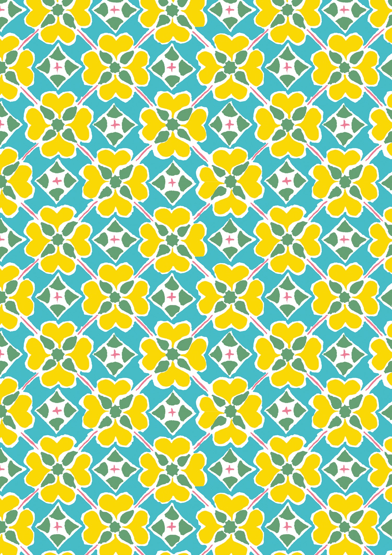 Detail of wallpaper in a floral lattice print in yellow, pink, blue and white.