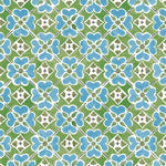 Detail of wallpaper in a floral lattice print in blue, green, brown and white.