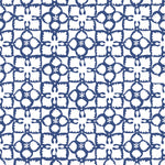 Detail of wallpaper in a botanical lattice print in navy on a white field.